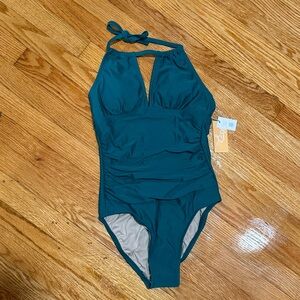 Blue halter top bathing suit.